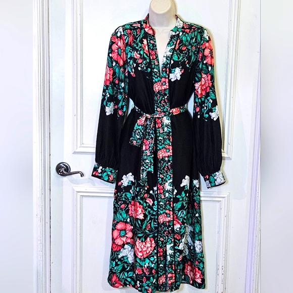 Anthropologie Black Multi-Color Floral Button Front Midi Shirt Dress,Medium - Picture 13 of 16